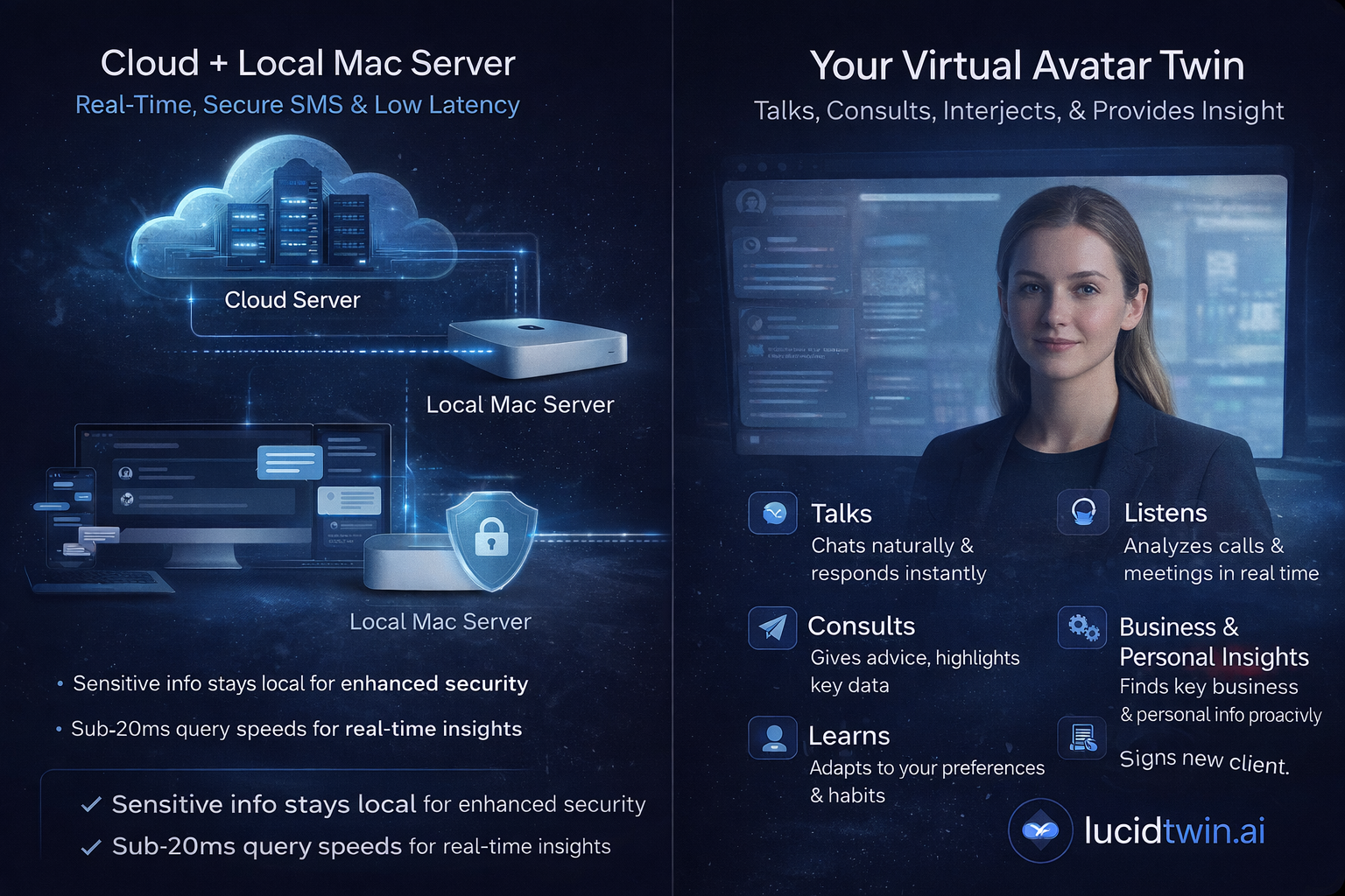 Cloud plus Local Mac Server architecture for real-time secure SMS and low latency, alongside Your Virtual Avatar Twin that talks, listens, consults, learns, and provides business and personal insights